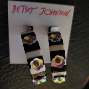 Betsey Johnson Black and White Stripe hoops w/ Sequin Flowers.